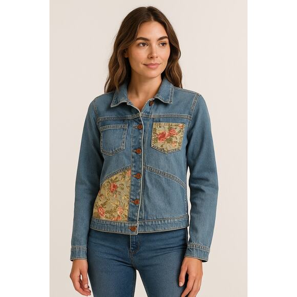 Upcycled Boho Cottagecore Floral Patch Denim Jacket H&M L.O.G.G. Size 4 - Picture 1 of 8